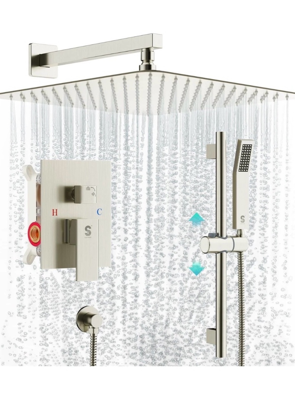 SR SUN RISE 12 Inch Square Shower System, Rain Shower Head and Slide Bar Hand...